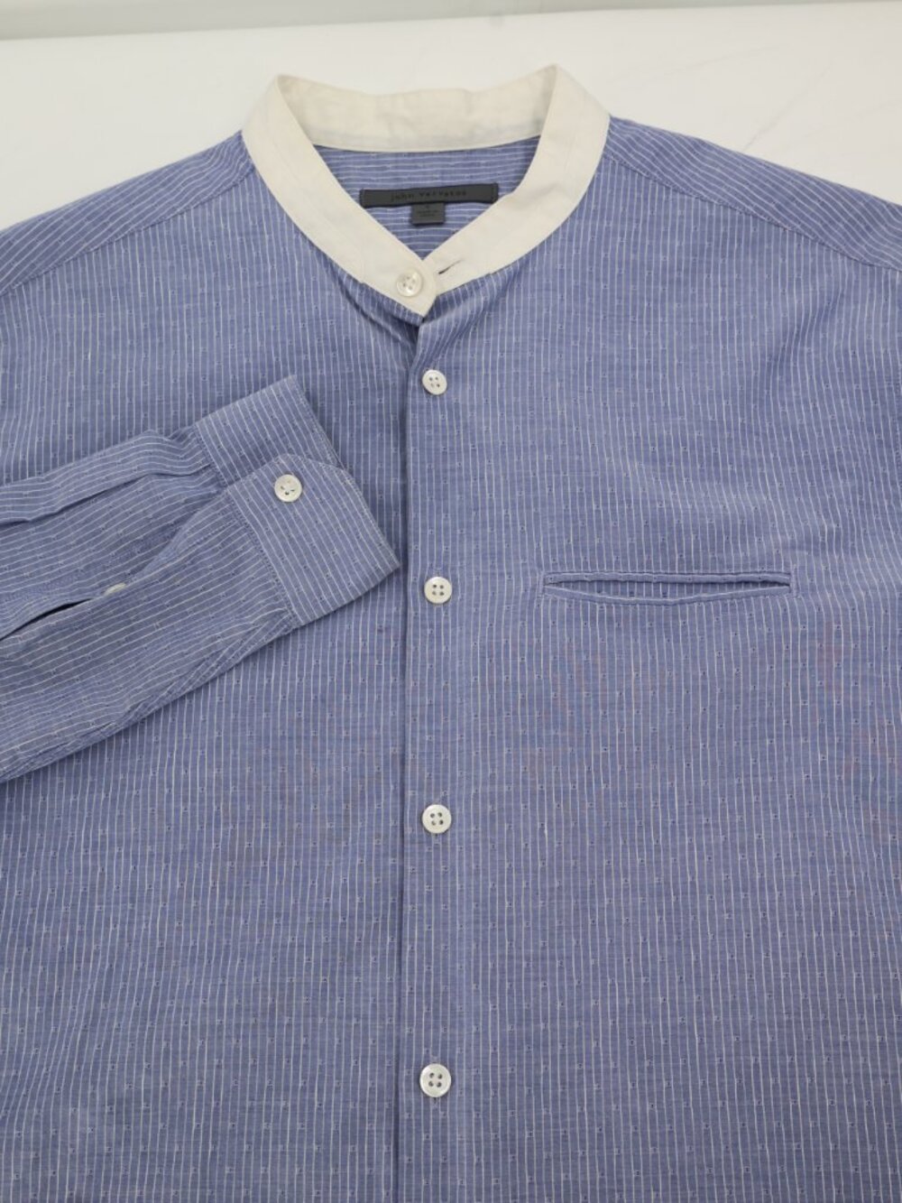 John Varvatos Shirt Mens small cotton linen Band Collar Button Up Long Sleeve